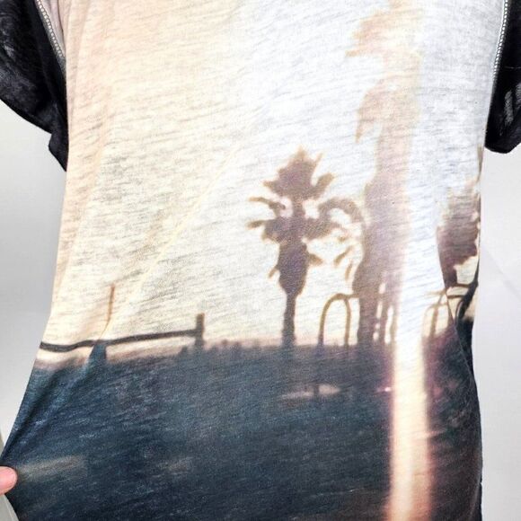 A.N.A Cuffed Sleeve Semi Sheer Burnout T Shirt Palm Tree Sunset Print Womens L - Picture 2 of 5